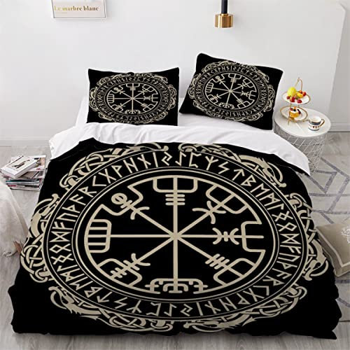 Viking Bettwäsche 135x200cm 3D Drucken Viking Magischer Runenkompass Drache Bettbezug Set Weich Microfaser Bettbezug für Kinder Jungen Mädchen Erwachsener 3 Teilig Hypoallergen Bettwaren