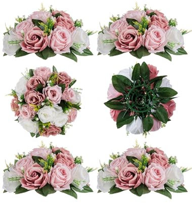 BLOSMON Blumenstrauß Blumengestecke Künstlich Deko Rose 6 Pcs Staubrosa Künstliche Blumenstrauss Blumen Tischdekoration Blumenkugel Valentinstag Rosenstrauss Echt for Hochzeit Muttertagsgeschenk