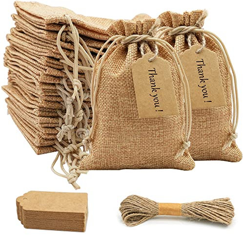 Elodyunhc 30 Stück Jute-Geschenktüten 10x15cm und 30 Stück Geschenkanhänger Jutesäckchen Klein mit Kordelzug und 10m Hanfseil, Wiederverwendbare Geschenktüten Klein für Schmuck, Hochzeit, Weihnachten