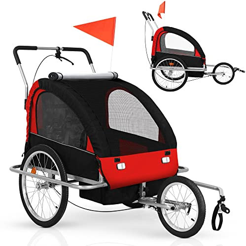Jago® Fahrradanhänger - Für 2 Kinder, Klappbar, mit Kupplung, Fahne, Bremse, Vorderrad, 5-Punkt Sicherheitsgurt, Rot - Kinderanhänger, Kinderfahrradanhänger, Hundeanhänger, Lastenanhänger, Jogger