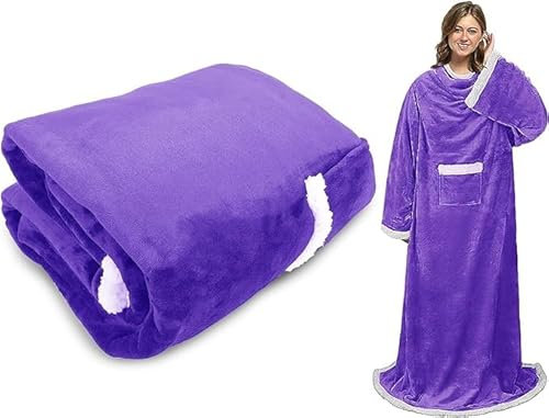 mebiusyhc Sherpa Wearable Blanket with Sleeves Arms, Super Soft Warm Comfy Large Fleece Plush Sleeved TV Throws Wrap Robe Blanket for Adult Women and Men (Purple, 55 x 72 )