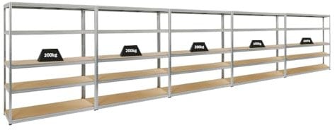 PROREGAL Mega Deal 5er-Set Schwerlastregale Giant Elephant 180x150x45cm mit 5 Ebenen Fachlast 200kg Verzinkt, Kellerregal, Steckregal, Garagenregal, Lagerregal