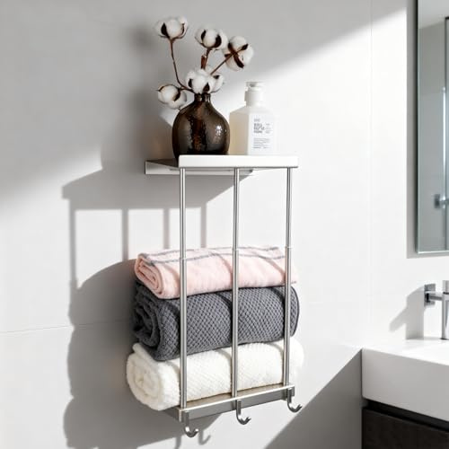Towel Rack for Rolled Towels, 2-Tier Rolled or Folded Storage Shelves, Telescopic Stainless Steel Towel Holder with Shelf & 3 Hooks, Wall Mounted Bathroom Storage Cabinets for Modern Small Space Decor