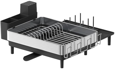 SONGMICS Égouttoir à Vaisselle, Support Extensible pour Sécher la Vaisselle, Support de Vaisselle de Cuisine en INOX avec Bec Tournant, Porte-Ustensiles, Porte-Planche, Argent et Noir KCS037B01