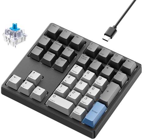 Kisnt Teclado numérico mecánico, teclado numérico intercambiable en caliente con interruptores Gateron, teclado USB con cable de 34 teclas, teclado numérico retroiluminado blanco con teclas PBT para
