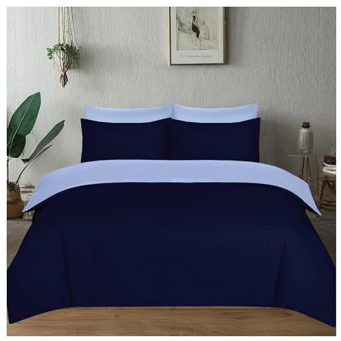 J.Din Dark Blue and Light Blue Plain Dyed Duvet Cover - Soft Brushed Microfiber - Double Bedding Set With Matching Pillow cases - Reversible Quilt Cover Sets