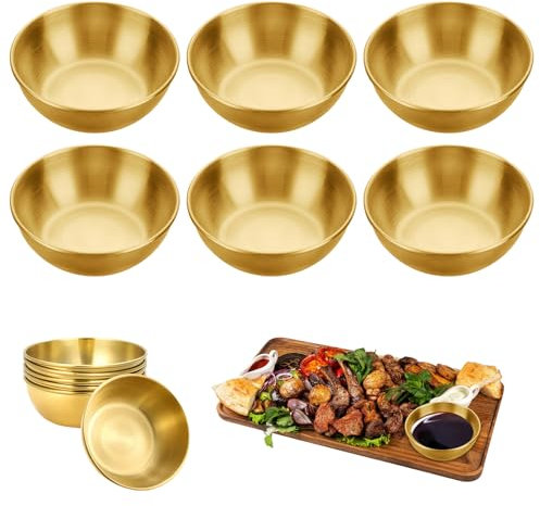 WIYETY 6 Stück Gold Edelstahl Snackschalen Goldene Soßenschale Saucenschale, Runde Dipschale, Mini Schüssel, Mini DipSchalen, Edelstahl Saucenschälchen für Beilagen, Sushi, Ketschup, BBQ, Gold