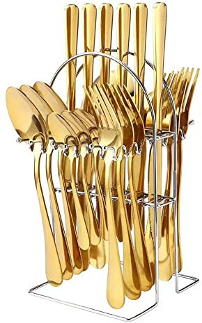 Eighosee Juego de Cubiertos Juego de Cubiertos de 24 Piezas con Soporte Incluye Cuchillo Tenedor Cuchara, Colgante Acero Inoxidable Dorado