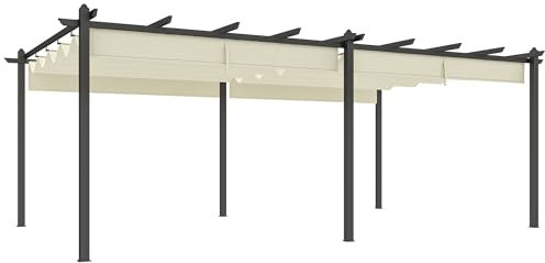 Outsunny Pérgola corredera pérgola retráctil 3,5 x 6 m terraza pérgola Estructura Aluminio + Tejido poliéster - Beige