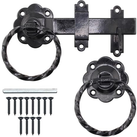 EAI Ring Gate Latch Set | 6 Inch / 150mm Heavy Duty Twisted Black Auto Catch Set for Wooden Gates, Sheds & Doors.