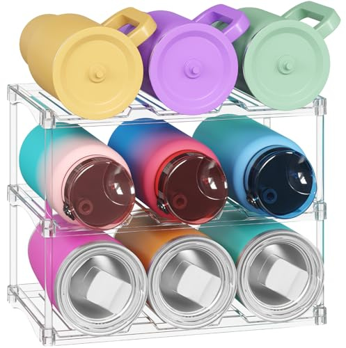 Lifewit 3 Tier Stapelbarer Flaschen Organizer Schrank für 9 Flaschen | Kunststoff Flaschenregal für Zuhause, Tumbler- und Becherhalter, Klar Flaschenhalter für Wein Kühlschrank Arbeitsplatte
