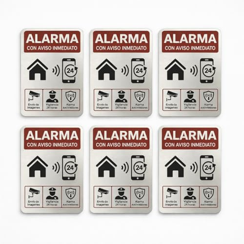 Pack 6 Placas Disuasorias Alarma Seguridad Puerta Ventana Buzón Casa | Aluminio resistente al agua, antirrobo hogar y oficina, aviso de movimiento, anti-inhibidores, apta garaje y trastero