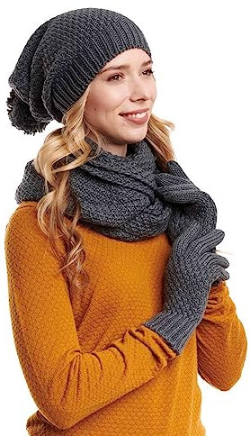 Hilltop Winter Kombi Set aus Winter Schal, passender Strickmütze und Handschuhe, 3-tlg., Farbe:Dunkelgrau mit Handschuhen