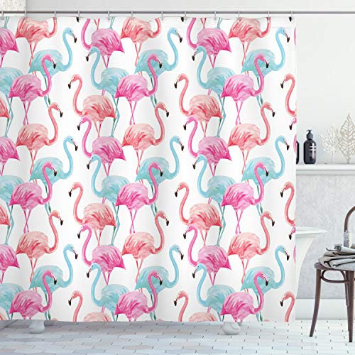 ABAKUHAUS Aquarell Duschvorhang, Hawaii Flamingos, Stoffliches Gewebe Badezimmerdekorationsset mit Haken, 175 x 240 cm, Babyblau Lachs Rosa