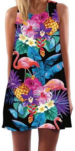 Ocean Plus Femme Multicolore Paréo Trapèze sans Manche Robe de Plage Haut Décontracté Flamant Loisir Feuilles Mini Robe (XXL (EU 42-44), Flamant Rose Papillon sur Noir)