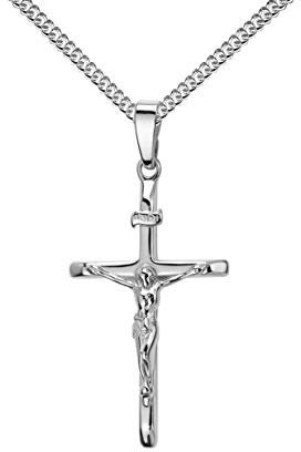 JEVELION Halskette Kreuz-Anhänger mit Panzer-Kette Jesus Christus mit INRI-Gravur für Damen, Herren und Kinder als Kettenanhänger 925 Silber mit Schmuck-Etui