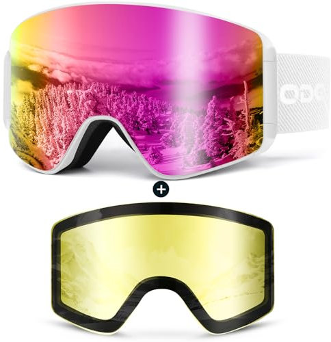Odoland Kit di Maschera da sci con Lente Rimovibile, Lenti Intercambiabili Magnetico Senza Cornice, Occhiali da Sci Anti-nebbia con Protezione UV400, WP
