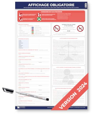 Affichage obligatoire panneau unique (conforme droit du travail) - Stylo-feutre non permanent offert - Plastifié et effaçable - Édition 2025 - Fabriqué en France