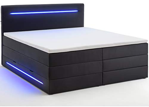 wonello Boxspringbett 180x200 mit Bettkasten und LED Beleuchtung - gemütliches Bett mit led Beleuchtung - Stauraumbett 180 x 200 cm schwarz mit Matratze und Topper