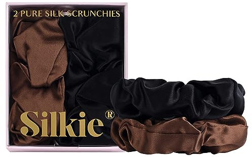 SILKIE 2er-Set 100% reine Maulbeerseide cremefarben rosa kaffeefarben Schwarz übergroße Scrunchies Seidenbeutel Haarbänder Gummibänder Haarpflege Premium-Pferdeschwanzhalter keine Beschädigung (Cocoa)