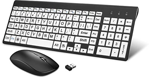 HXMJ-Wireless Large Print Keyboard and Mouse Set with USB Receiver| Quiet Scissor Switch | for Seniors and Visually Impaired Low Vision Individuals-White
