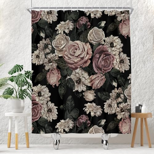 Duschvorhang mit Blumenmuster, für Badezimmer, Set mit dunkler Rosenblüte, Boho, viktorianischer Frühling, Wildblume, Frau, Vintage-Pflanzen-Badevorhang, 152,4 x 183,9 cm, dekorativer Polyesterstoff