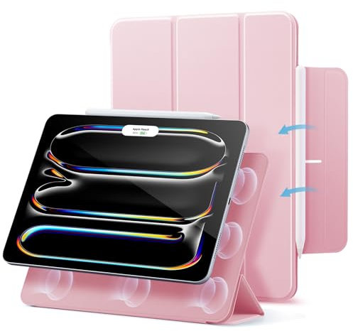 ESR Coque pour iPad Pro 11 Pouces M4 (2024), Fixation Magnétique Puissante, Coque Fine à Trois Volets, Support Pencil Pro/USB-C, Veille/réveil Automatique, Protection Durable, Série Rebound, Rose