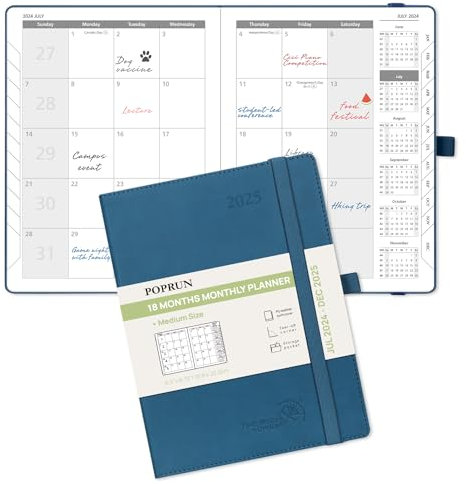 POPRUN Monatsplaner 2024-2025 (21,6 x 16,5 cm), 18-Monate-Kalenderbuch (Jul.2024-Dce.2025) Softcover, Kalenderplaner mit Monats-Registern & Tasche, 100 g/m² Papier - Nachthimmelblau