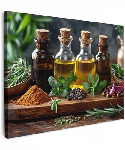 MuchoWow© Leinwand Bilder Wanddeko Wohnzimmer Aesthetic Room Decor Deko | 40x30 cm - Zimmer Wandbilder Modern Fotogeschenke Olivenöl - Küche - Kräuter - Regal
