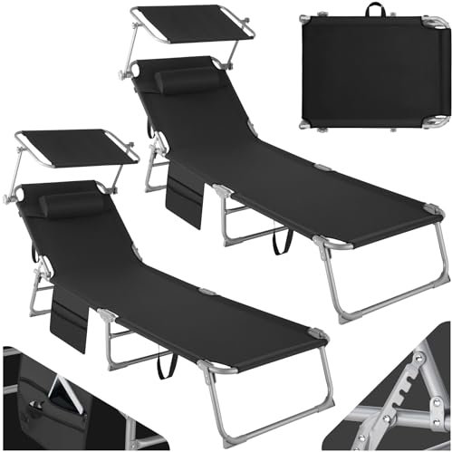 TecTake® Set de 2X Tumbonas Jardín Exterior, Tumbonas Plegables con Reposacabezas, Parasol y Bolsillo Lateral, Tumbonas Playa Reclinables 4 Posiciones, Tumbona Piscina Resistente a Intemperie - Negro