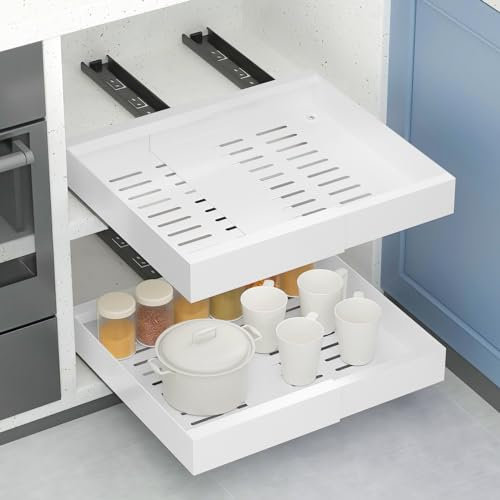 Alishomtll Teleskopschublade, Ausziehbare Schublade Küchen, Version 2.0 - Küchenschrank Verstellbare Breite, Ausziehbar Schrank Organizer Kein Bohren, für Küche, Bad, Wohnzimmer, Weiß 30-51x40x7.5cm
