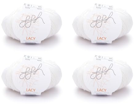 ggh Lacy Set | 4x25g (insgesamt 100g) Set| 150m/25g Merinowolle mit Seide zum Stricken | Farbe 001 - Wollweiß
