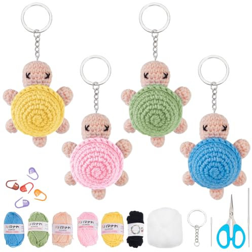 WEBEEDY 4 Sets DIY Häkel-Schildkröten-Schlüsselanhänger Anfänger-Schildkröten-Häkelset Für Erwachsene Mit Schritt-Für-Schritt-Video Handmade Schildkrötenbastelset Für Jubiläums-Geburtstagsgeschenke