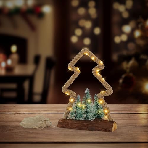 ECD Germany LED Jute Baum mit LED-Beleuchtung 23x6,5x30 cm, Deko Weihnachtsbaum aus Seil mit 30 warmweißen LEDs, 3 Tannen, Jutesäckchen, batteriebetrieben, Timer, Tannenbaum Figur Weihnachtsdeko Innen