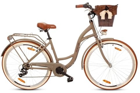 Goetze Mood 28 Zoll Damen Citybike, 18 Zoll Tiefeinsteiger Aluminiumrahmen, 7-Gang Kettenschaltung, doppelte V-Bremsen, LED-Beleuchtung, Rattankorb, Komfortsattel, mit Seitenständer & Klingel