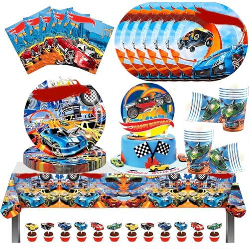 Kit Décoration Anniversaire Thème Voiture Course 76 Pièces Set Vaisselle Jetable Assiettes Serviettes Gobelets Nappe Topper Gâteau Enfant Garçon Fête Auto Sport Rallye