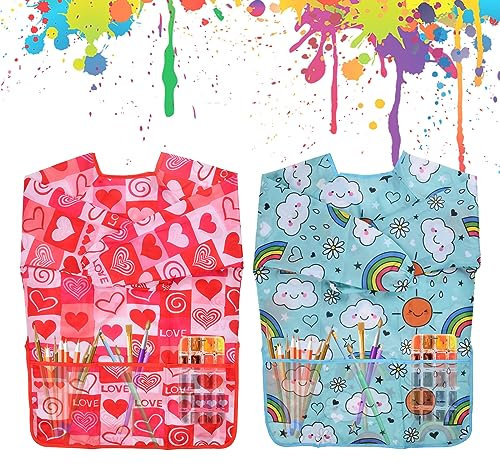 Culinavog Kinder Malkittel, Malschürze Kinder 8-10 jahre, Kunstkittel kinder, 2 stück Maleranzug KInder, Malkittel KINder, Wasserdicht Malerkittel Bastelschürze Zum Malen, Kochen Basteln (Blau, Pink)