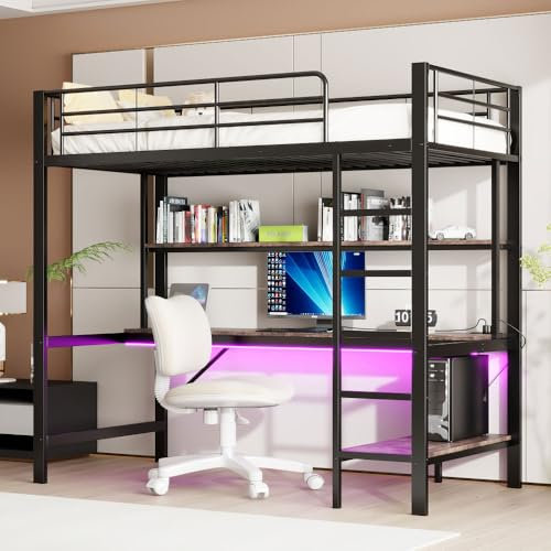 Zubaliya Letto a castello per bambini con scrivania e LED e USB 90 x 200 cm, letto a soppalco 1 posto per bambini con presa e rete, guardia corpo, scaletta, scaffale a più livelli, metallo