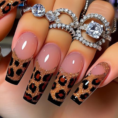 24pcs Coffin False Nails French Tip - Extra Long Press on Nails - Elegant Glitter Leopard Stick on nails for Women - Long Fake Nails with Glue - Hard Wearing French Manicure nail Tips Full Cover