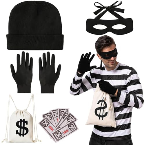 EduPlayte Bankräuber Kostüm Herren Damen,Dieb Kostüm,Erwachsene Räuber Kleidung Set mit Hut Augenmaske Handschuhen Geldbeutel,Banknoten,für Karneval Halloween Cosplay