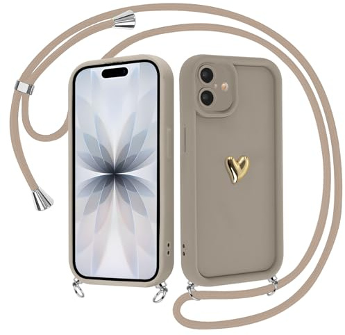 Krdvekm Handyband Handyhülle für iPhone 16 6,1'' mit Band Kette, Aesthetic 3D Gold Herz Liebe Muster Mädchen Braun Schutzhülle mit Kordel zum Umhängen Necklace Silikon Cover Kameraschutz Case