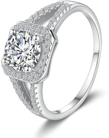 Gualiy Hochzeit Ringe Gold 585, 14K Weißgold Moissanit Ring Rund Form 1ct Damen Ringe Verlobung Gr 52
