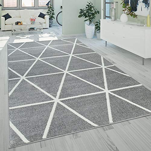 Paco Home Teppich Wohnzimmer Kurzflor Rauten Skandi Muster Modern Weich Grau Weiß, Grösse:160x220 cm