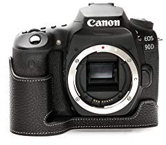 EOS 90D Case, Zakao Handmade Genuine Real Leather Half Camera Case Bag Cover for Canon Eos 90D Bottom Opening Version with Hand Strap (Black)