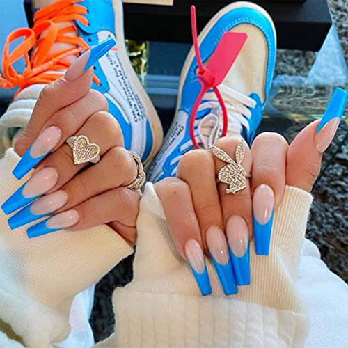 Yheakne Lot de 24 faux ongles longs à clipser brillants ombrés dégradés style ballerine pour femmes et filles avec manucure française et embouts en forme de V Bleu