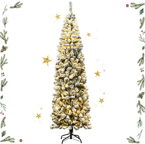 GYMAX Albero di Natale Slim 230 cm, Illuminato con 350 Luci Incorporate a LED, 641 Rami Innevati in PVC, Supporto Pieghevole in Ferro, Divisibile da Montaggio e Trasporto, per Interno/Esterno