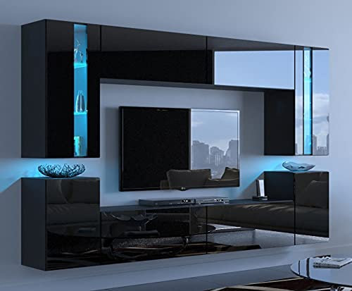 Furnitech Wohnwand Wohnzimmer | Wohnzimmer Möbel mit LED RGB - 16 Farben | Hängend Wohnwand Modern | Wohnzimmer Schrankwand mit Regale und TV Schrank (24/HG/B/1 1B Groß)