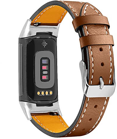 Gimuk Kompatibel mit Fitbit Charge 6/Charge 5 Armband für Damen und Herren, echtes Leder, verstellbares Sportarmband, Ersatzarmband für Charge 6/Charge 5 Tracker, klein und groß (braun)