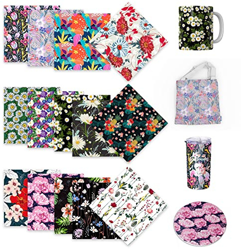 LUCKIGUCK Infusible Transfer Ink Sheets 14 Stück/Set, Vorgedrucktes gefärbtes Sublimationspapier 12X 12 Eisen auf T-Shirt und Tasse (Tropical Flowers)