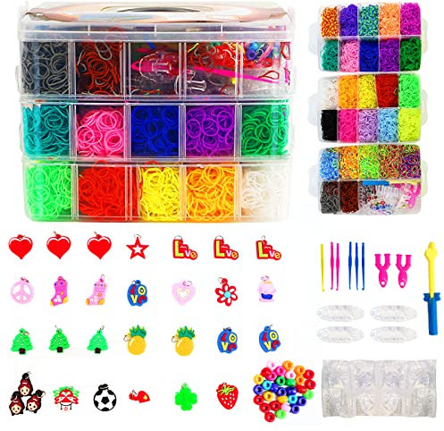 Mocoli Loom Bänder Kit für Kinder, 15000 Stck DIY Gummibänder Set für Armband mit Webrahmen und Haken Loombänder Luxuriös Loombänder Kasten Set für Armbänder